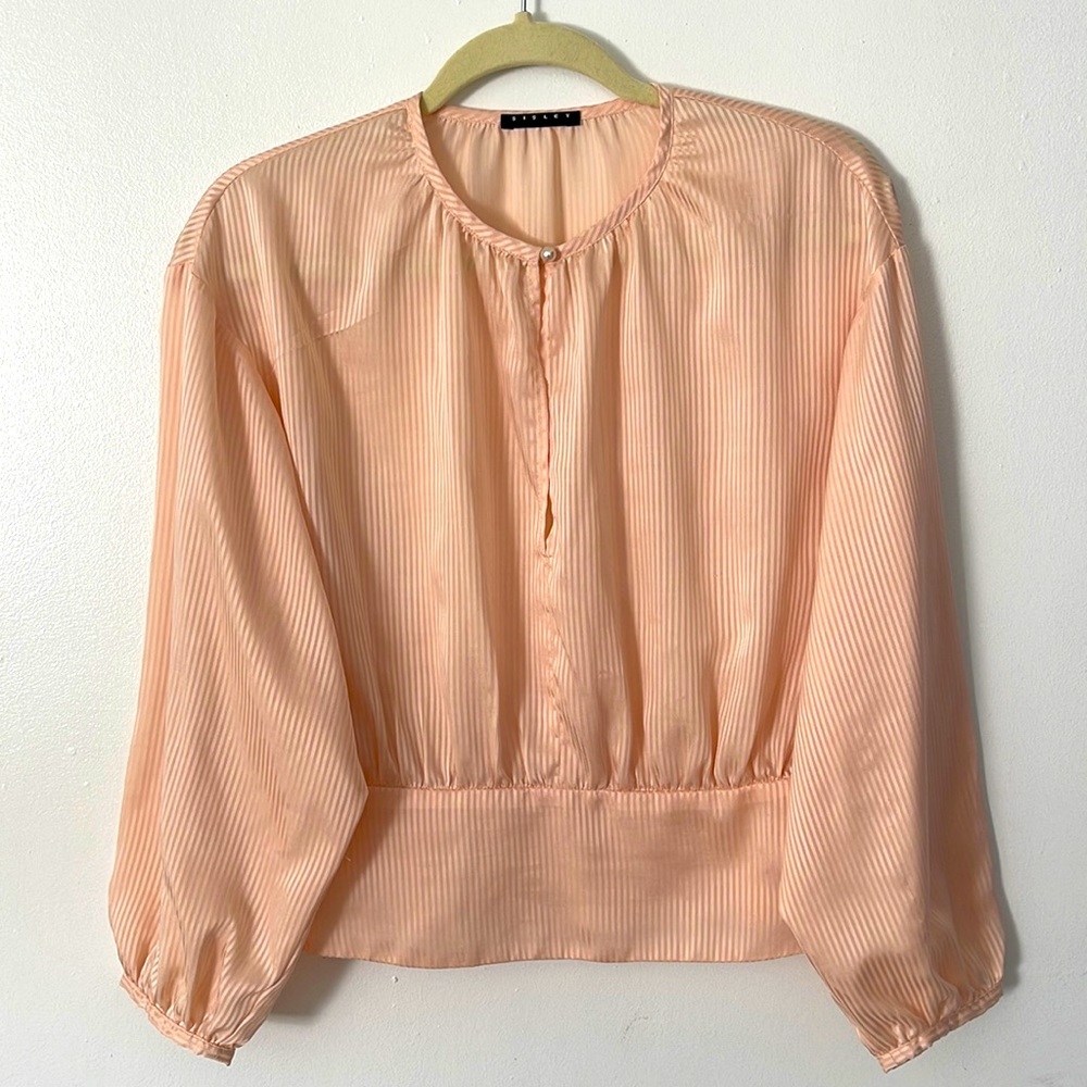 SISLEY | Women’s Peach Striped Puff Sleeve Keyhole Fitted Side Zipper Blouse S